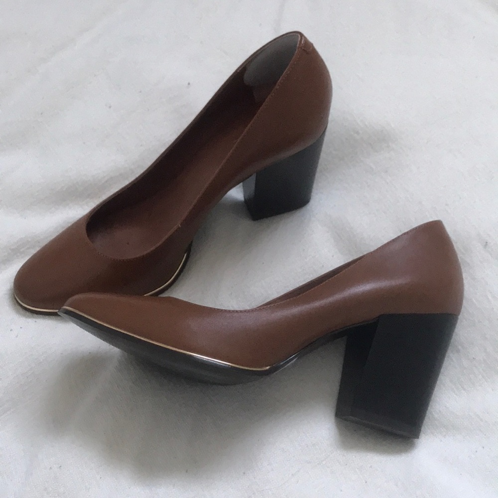 Block Heel Tan/Brown Pumps, Gold Trim at Soles